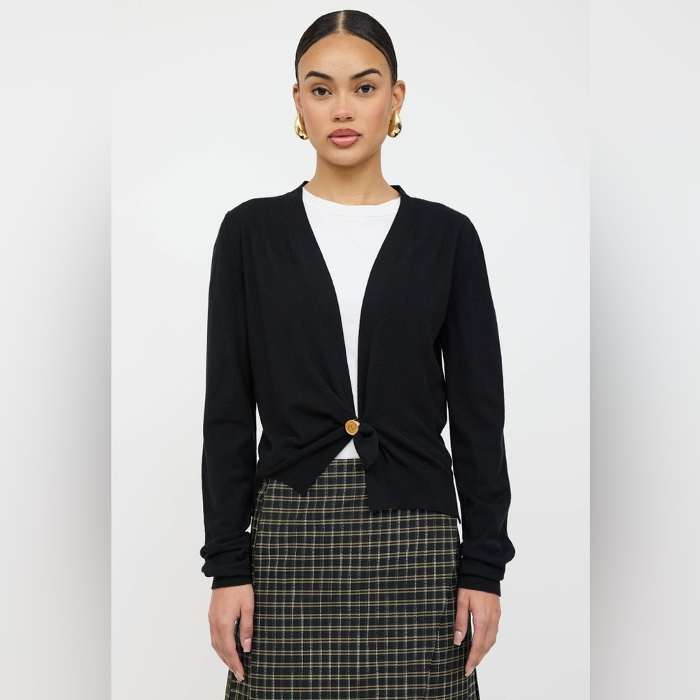 Bottega Veneta Cropped Black Cardigan with Gold ring
